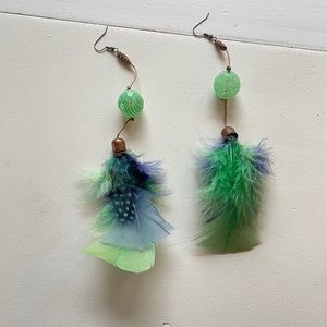 Handmade natural feather earrings - shades of blue and spots - with blue bead.